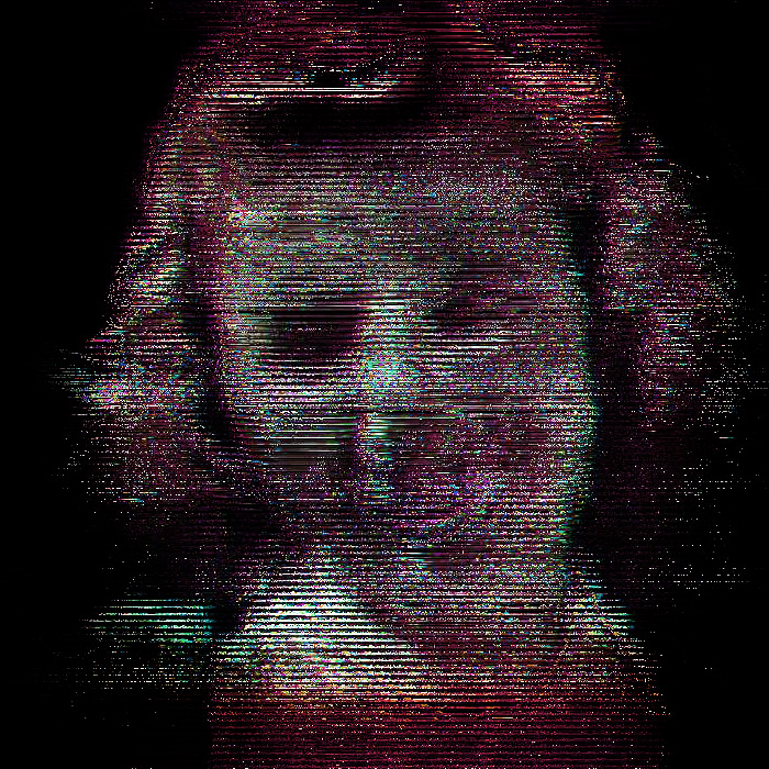 A static-filled image of a smiling woman's face.