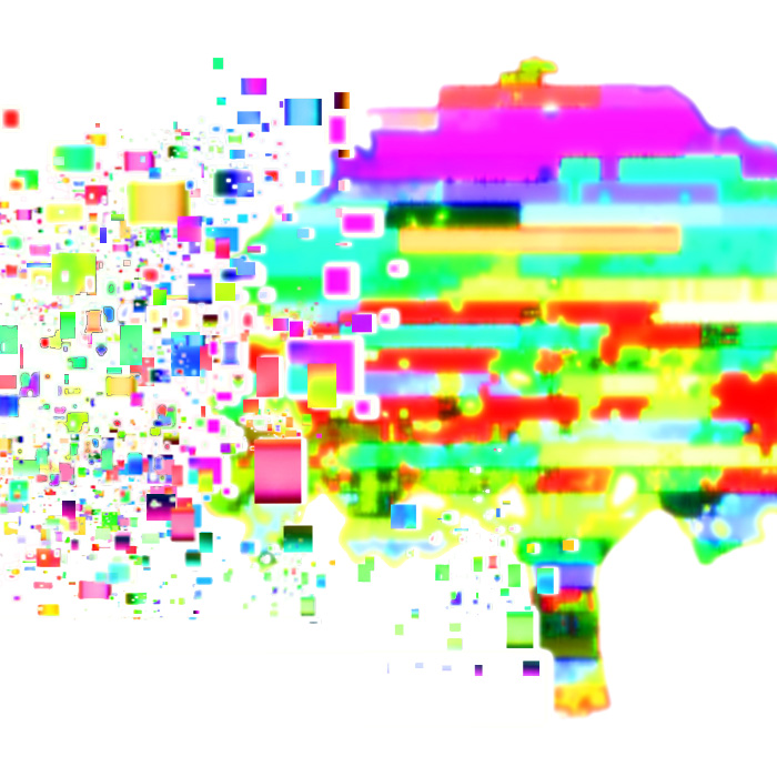 A rainbow colored glitched out tree illustration.