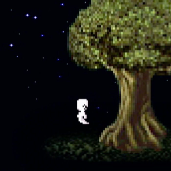 A 16 bit image of a ghost standing near a tree.