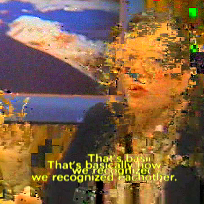A glitchy image of a woman with long hair in a early 1990s interview.