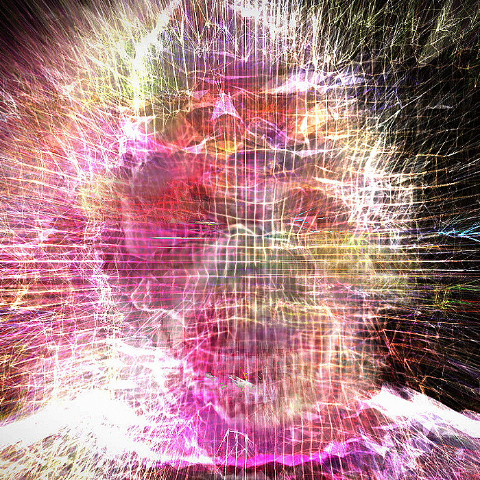 A distorted screaming face constructed from abberated digital lines.