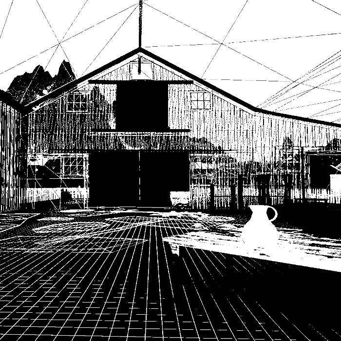 An image of a wireframe western barn in a glitchy environment.