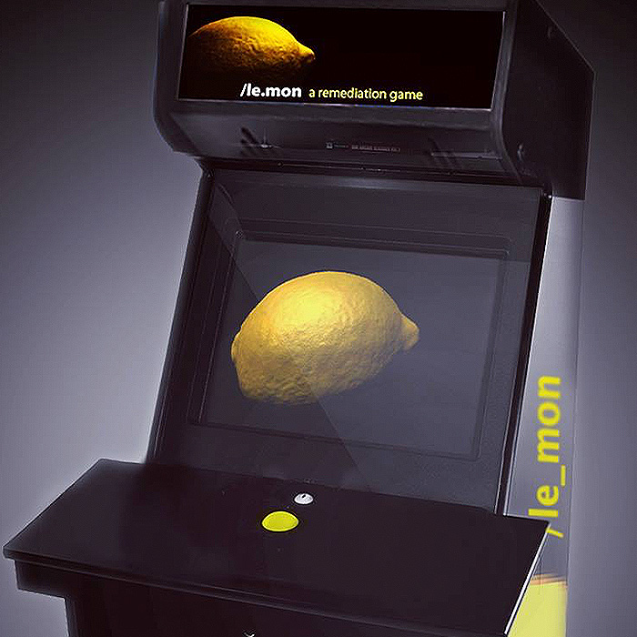 An arcade cabinet themed around a lemon.