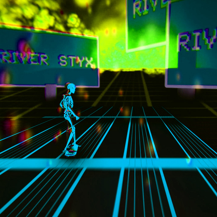 A low poly skeleton riding a skateboard in a virtual hellscape.