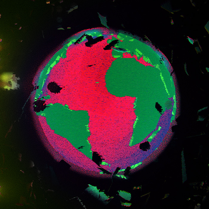 A color shifted image of the Earth in low-poly style.