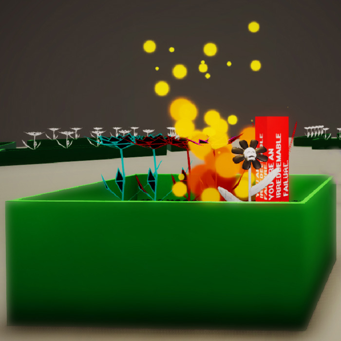 A VR image of a low-poly garden on fire.